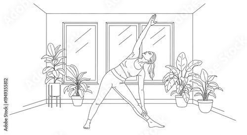 Woman practicing a yoga pose inside a room with plants and windows