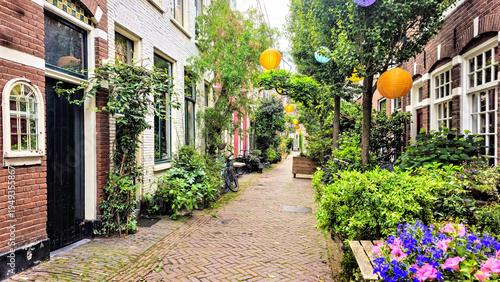 Beautiful leafy Dutch street with in the historic Old Town of Haarlem, Netherlands