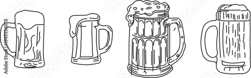 Four different beer mug line art illustrations with varying foam levels and designs