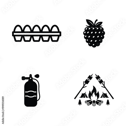 Camping Icons with Eggs Fire Extinguisher and Berries