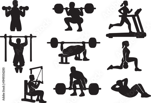 Silhouette Set of People Exercising in a Gym: Weightlifting, Running, Pull-ups, Sit-ups, Bench Press.