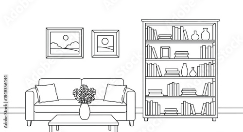 Simple line drawing of a living room with furniture and wall decor