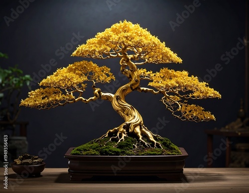 Golden bonsai small tree with golden foliage and twisted trunk, on mossy ground, in a dark setting