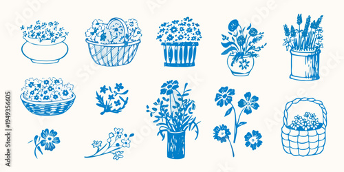 Collection of hand drawn blue floral arrangements in various containers