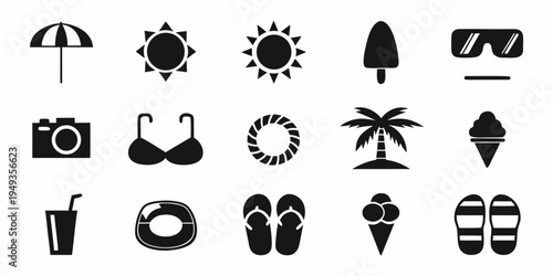 Black silhouettes depicting summer vacation elements and beach accessories