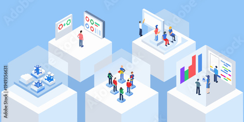 Isometric illustration depicting data analysis teamwork and modern business concepts