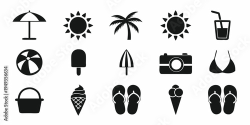 Black silhouette icons depicting various summer and vacation related items
