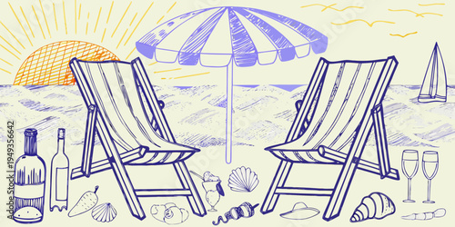 A sunny beach scene with lounge chairs drinks and a sailboat