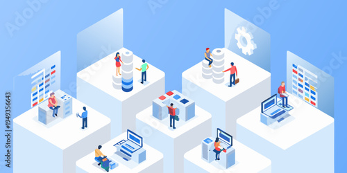 Isometric illustration of people interacting with digital technology and data