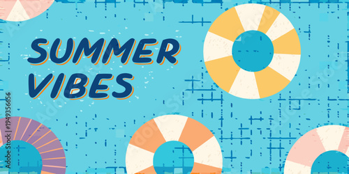 Colorful summer background with life preservers and vibrant text