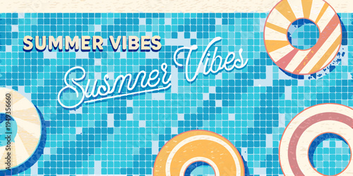 Summer vibes with colorful pool tiles and inflatable ring floats