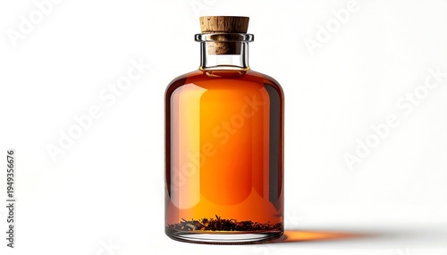 Glass bottle with cork stopper, amber liquid