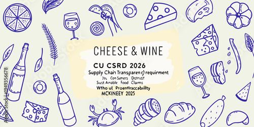 A colorful sketch featuring cheese wine and related food items