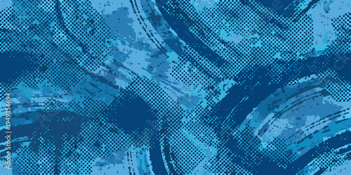 Abstract blue background with halftone dots and brushstroke textures
