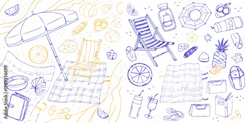 A colorful doodle illustration of summer vacation essentials and beach items