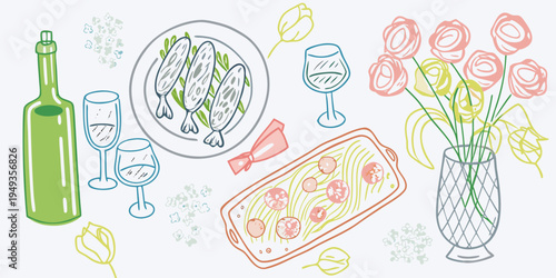 A sketched dinner scene featuring fish pasta wine and floral arrangements