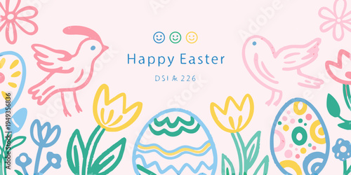 A cheerful happy easter illustration with birds flowers and colorful eggs