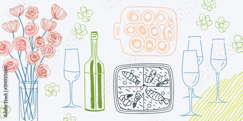 A playful doodle featuring flowers food and drink on a light background