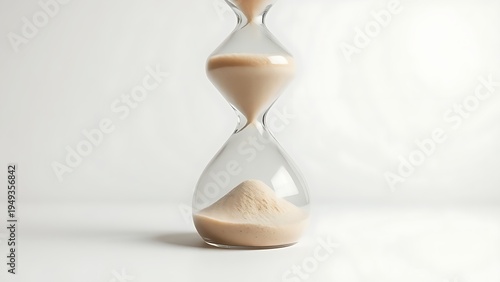 villainy. Hourglass with sand remaining in top chamber, minimalist composition and soft lighting. wellbeing guides, coaching materials, designed for coaching and self-improvement content.
