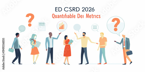 Diverse group discussing data and metrics with question marks overhead