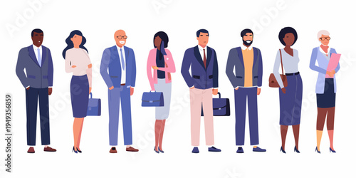 Diverse group of professionals standing in a row looking forward