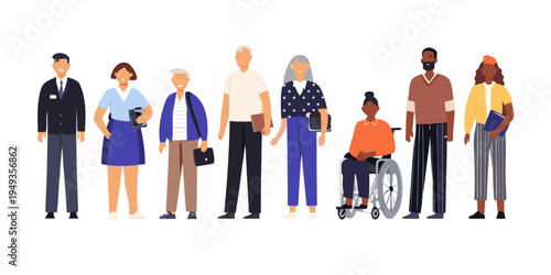 Diverse group of people standing and interacting including a wheelchair user