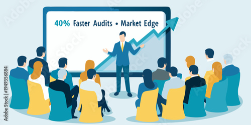 Business presentation showcasing growth and improved audit efficiency to a team