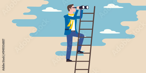 Man climbs a ladder looking through binoculars at the sky
