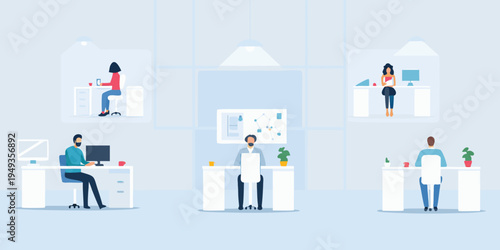 Modern office space with diverse employees working at their desks