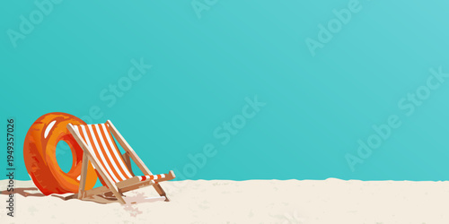 A vibrant beach scene featuring a lounge chair and orange float