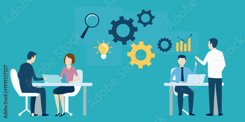 Teamwork and problem solving illustrated with gears lightbulbs and data