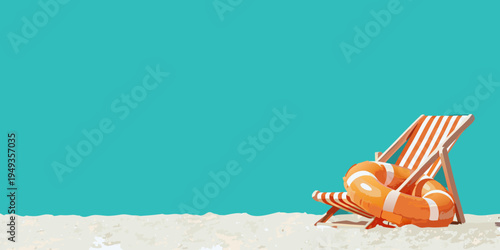 A vibrant beach scene featuring a striped chair and orange float