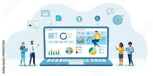 Team collaboration analyzing data and charts on a large laptop screen