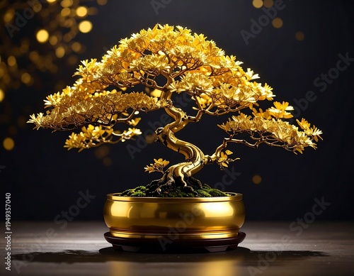 Golden bonsai tree on dark background