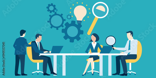 Business team collaborates on innovative ideas with technology and analysis