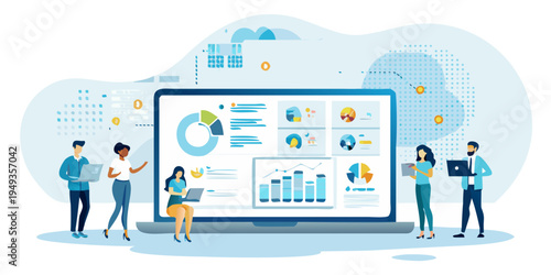 Team collaborating around a large display showing data analytics