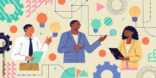 Team collaboration and innovation with diverse professionals and abstract elements