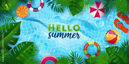 A vibrant summer scene with pool toys and tropical foliage