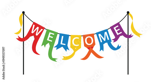 Colorful welcome banner with pennants hanging on a black string