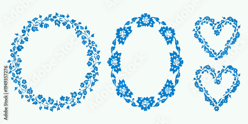 Delicate floral wreaths and heart shapes in a single blue tone