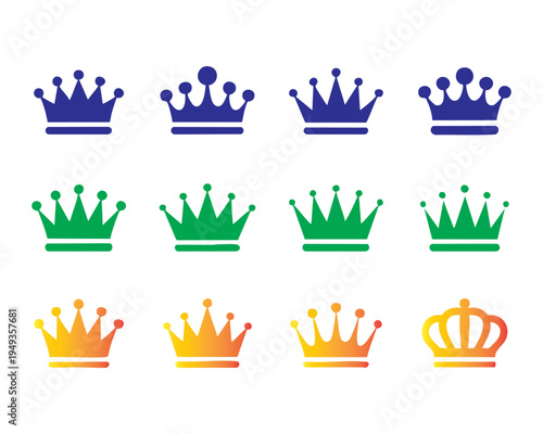 Colorful gradient crown collection with blue green and orange shades for luxury reward badge design