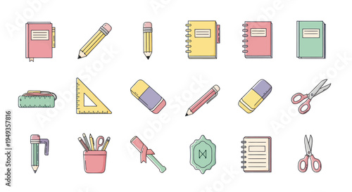 School supplies collection icon set