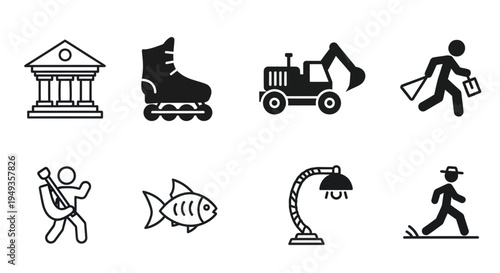 Bank building with various workers.