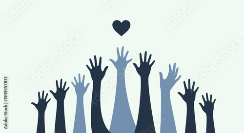 Diverse hands reaching for heart symbol.