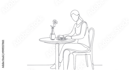 Woman sitting alone at table.