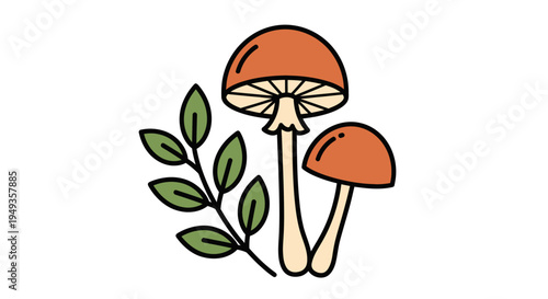 Two Brown Mushrooms with Green Leaves.