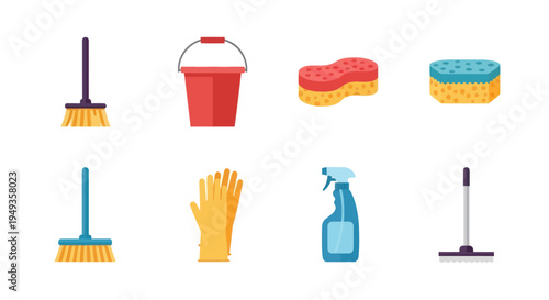 Cleaning supplies and tools collection.