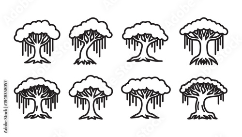 Banyan Tree Icon Set Stylized Tropical Plant Illustrations Vector Graphics