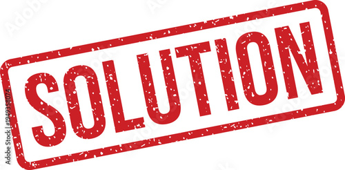 A striking red rectangular stamp featuring a distressed look clearly displays the word SOLUTION on a white backdrop