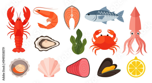 Seafood assortment lobster shrimp fish and more